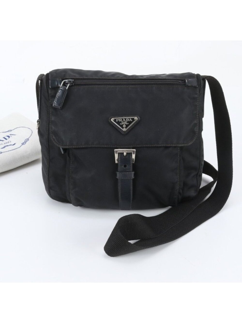 Prada Tessuto Nylon Triangle Logo White Tag Leather Shoulder Bag